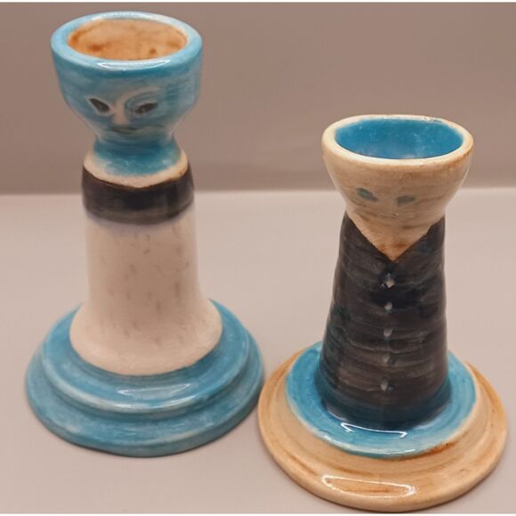 Arts and Crafts Studio Art Pottery "Picasso Style" Man & Woman Candlestick Set - Picture 4 of 16